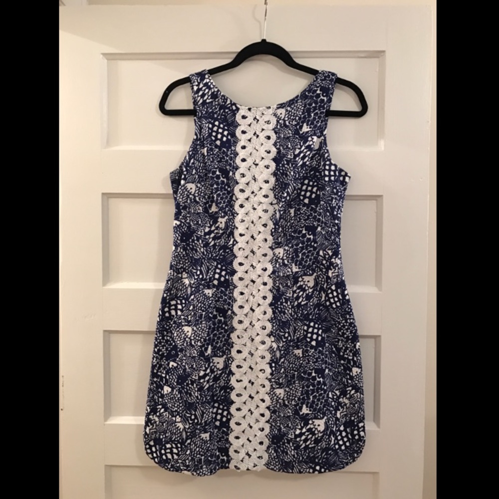 Navy and white print shift dress